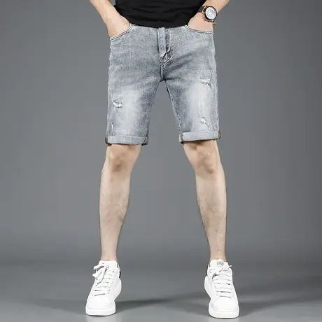 2023夏季新款破洞牛仔裤短裤男修身弹力时尚潮牌男士五分裤子薄款商品大图