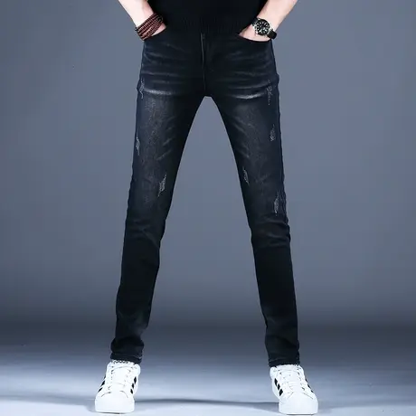 2023男士新款牛仔裤子简约黑灰色修身精致小脚裤秋季百搭弹力潮牌商品大图