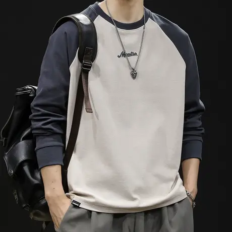 重磅长袖t恤男潮牌宽松大码秋季2023新款男士内搭拼接款拼色潮流商品大图