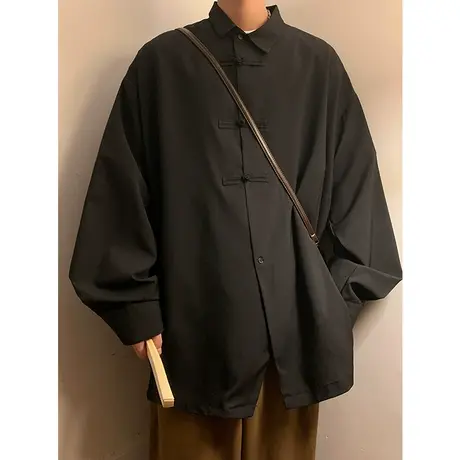 中国风衬衫男长袖新中式改良暗黑系山本风盘扣设计感小众冰丝衬衣商品大图