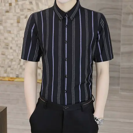 短袖衬衫男新款潮流高级感痞帅气修身夏季男士短袖衬衣条纹白寸衫商品大图