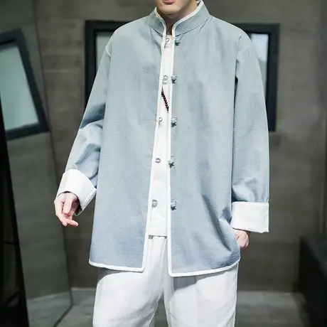 春秋复古立领布扣唐装文艺民国风男装外套男士中国风棉麻茶艺禅服商品大图