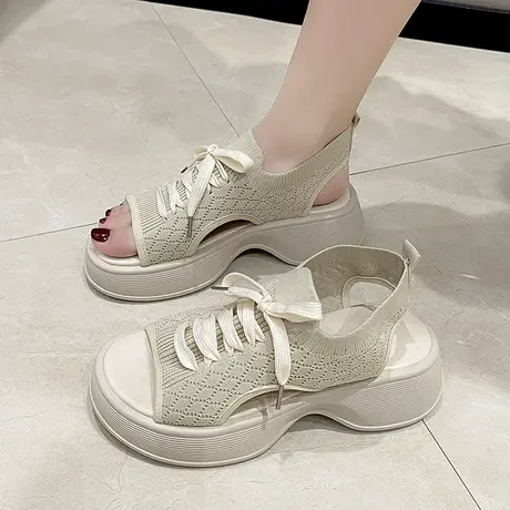 系带厚底凉鞋女2023新款百搭韩版休闲露趾一字扣松糕沙滩罗马鞋潮商品大图