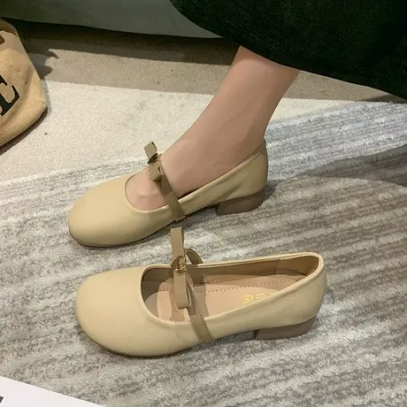 单鞋女粗跟温柔风晚晚鞋2023年新款夏季奶奶鞋一脚蹬蝴蝶结豆豆鞋商品大图