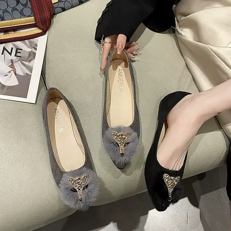 尖头单鞋女夏平底狐狸头春秋百搭鞋子小香风浅口软底毛毛豆豆鞋商品大图