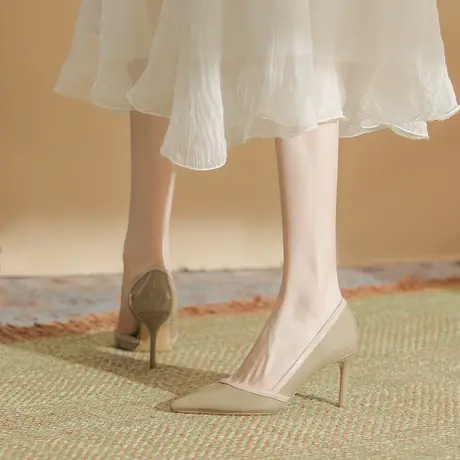 漆皮一字带高跟鞋2023夏季新款纯色细跟女鞋杏色简约法式气质凉鞋商品大图