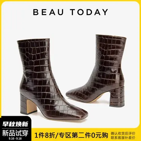 BeauToday高跟时装靴女瘦瘦靴BT中筒靴秋冬季复古真皮棕色高跟靴图片