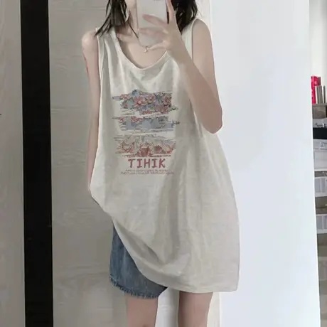 美式复古纯棉吊带运动坎肩背心无袖t恤女夏外穿宽松港风挂脖上衣图片