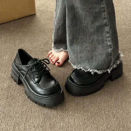 英伦风小皮鞋女2024新款春秋百搭复古小个子厚底增高粗跟系带单鞋图片