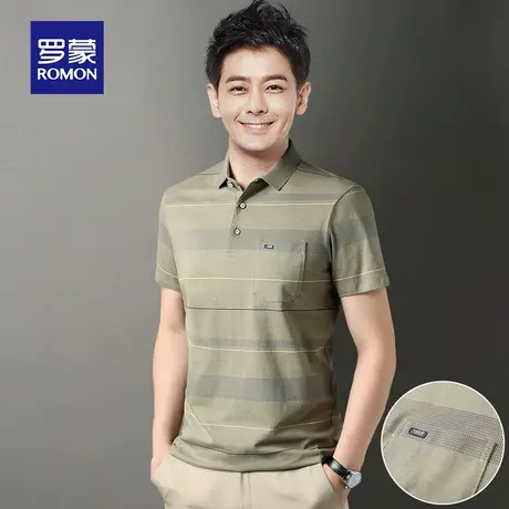 罗蒙男士纯棉短袖Polo衫夏季薄款中年爸爸商务带口袋翻领条纹T恤图片
