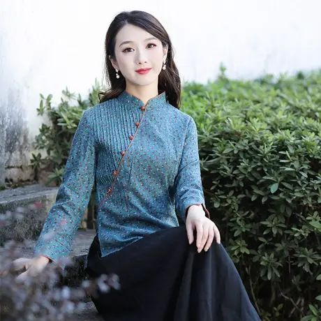 筠雅唐装中国风女装旗袍式上衣年轻款碎花茶服民族服装中式女装图片
