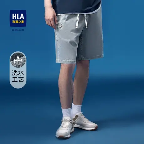 HLA海澜之家中腰直脚牛仔中裤2023春夏新款系带宽松直筒短裤男图片