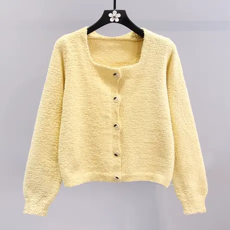 小香风方领短款毛衣外套女秋冬2023新款设计感小众长袖针织开衫商品大图