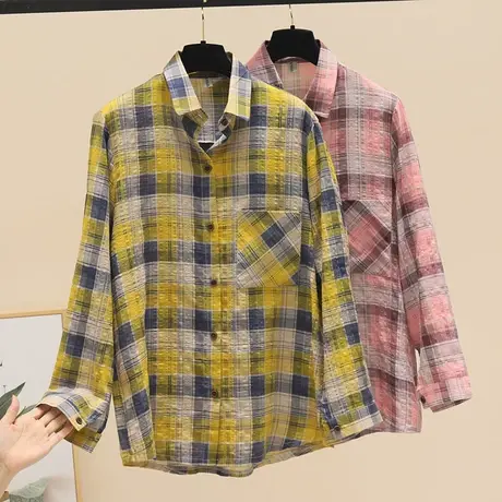 2023长袖衬衫女秋季新款单排扣拼色格子上衣休闲文艺经典宽松衬衣商品大图