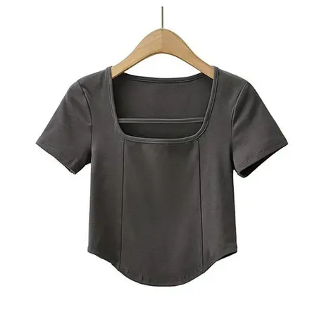 2023夏季新款设计感方领镂空辣妹正肩短袖修身高腰短款T恤上衣女商品大图