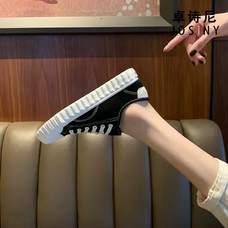 卓诗尼黑色帆布鞋女夏2023新款一脚蹬贝壳饼干鞋春季复古休闲板鞋图片