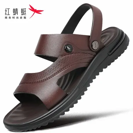 红蜻蜓全牛皮软底沙滩凉鞋男夏季防滑耐磨防臭真皮中老年爸爸拖鞋图片
