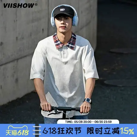 VIISHOW运动休闲格子翻领POLO衫男短袖夏季美式宽松情侣T恤潮商品大图