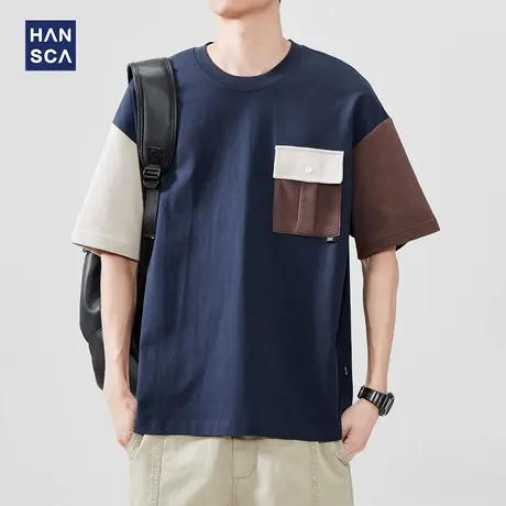 hansca 复古撞色口袋短袖T恤男2025夏季新款宽松潮牌拼接纯棉上衣商品大图