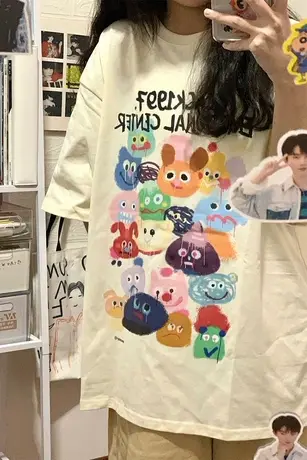 卡通短袖t恤女vintage古着大码宽松纯棉日系减龄设计感ins潮上衣图片