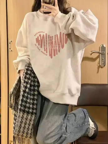 港味复古chic卫衣秋季2023新款女装薄款爱心印花潮牌ins大码上衣图片