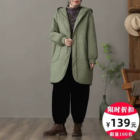 dza 连帽中长款保暖棉衣外套女士冬装新款宽松棉袄显瘦菱格棉服女商品大图