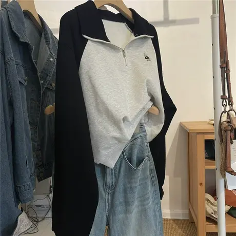 刺绣小兔子韩版撞色插肩袖Polo领翻领拉链卫衣女2023春款套头上衣商品大图