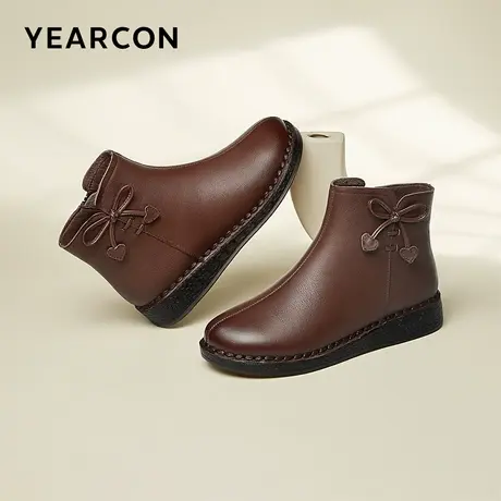 意尔康女鞋2023坡跟真皮加绒皮靴女士保暖二棉鞋中老年短靴妈妈鞋图片