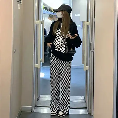 棋盘格阔腿裤女夏薄款2023年新款高腰垂感休闲拖地直筒黑白格子裤图片