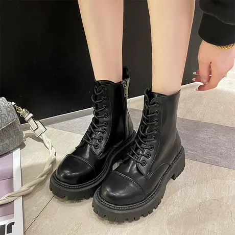 马丁靴女英伦风潮ins酷2022年新款春秋单靴黑色厚底增高机车短靴商品大图