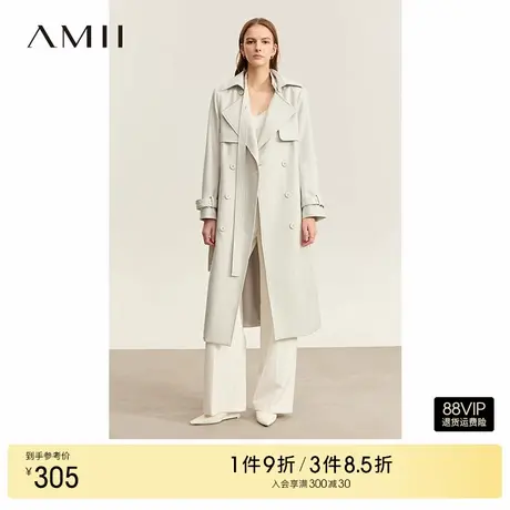 Amii2025秋新款军旅风高级通勤配腰带风衣女双排扣长款上衣外套图片