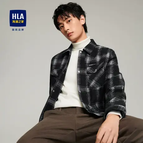 【工装风】HLA/海澜之家衬衫夹克秋季翻领格纹复古撞色休闲外套男商品大图