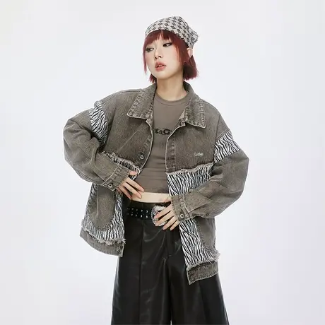 潮牌拼接牛仔外套女春秋2023新款做旧复古宽松设计感小众夹克上衣商品大图
