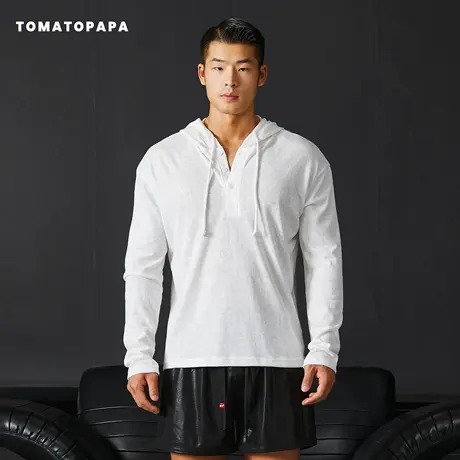 TOMATOPAPA男士长袖连帽开领2025秋冬健身T恤美式纯色打底套头衫商品大图