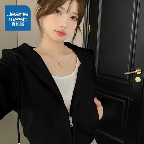 LB真维斯黑色短款外套女2025新款秋季甜酷风开衫卫衣女士连帽上衣图片