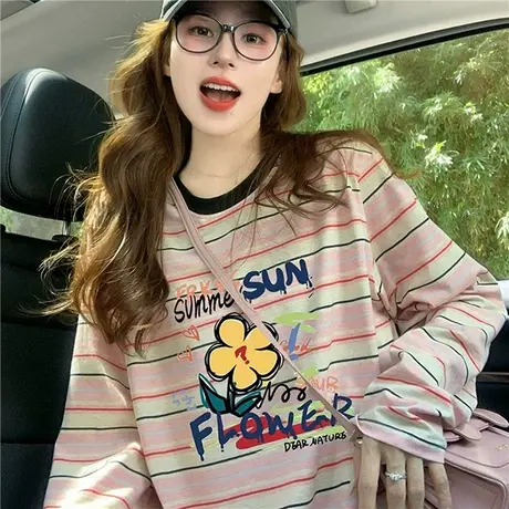 减龄花朵条纹长袖t恤女2025新款秋季美式宽松设计感宽松显瘦上衣商品大图