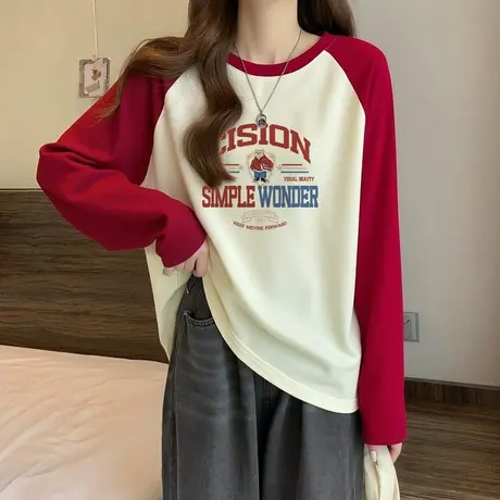 NOW真维斯无帽圆领红色卫衣女2025春秋薄款撞色内搭打底衫上衣商品大图