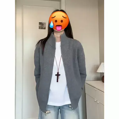 灰色美式拉链开衫毛衣男生早秋穿搭宽松慵懒风针织衫正肩立领外套商品大图