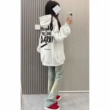 美式灰色重磅卫衣女秋冬连帽加绒宽松慵懒小个子潮牌oversize外套商品大图