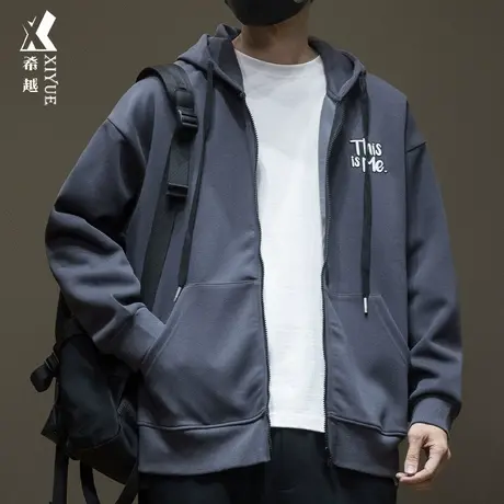 立体刺绣连帽卫衣男士2023秋季美式潮牌宽松大码针织开衫外套上衣商品大图