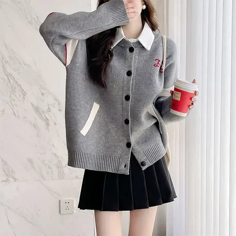 唐狮秋冬毛衣外套女简约风袖上图案设计开衫春秋高级感上衣女tu图片