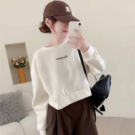 短款圆领卫衣女春秋2023年新款韩版长袖宽松设计感百搭小个子上衣商品大图