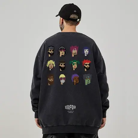 重磅美式复古嘻哈大码卫衣男纯棉水洗做旧高街加绒加厚春秋款冬季商品大图