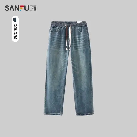 三福2023冬男士内里印花磨毛复古牛仔裤 宽松直筒长裤男477138商品大图