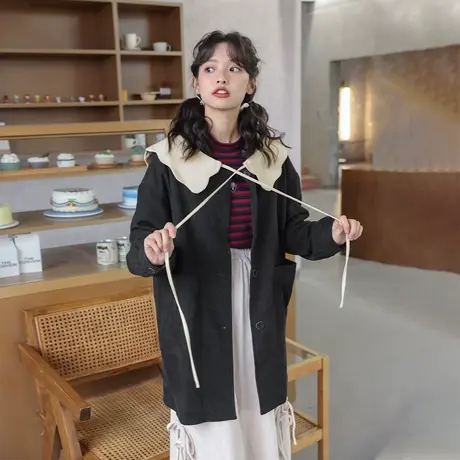 尔给韩风chic中长款娃娃领外套女冬加绒加厚设计感小众商品大图