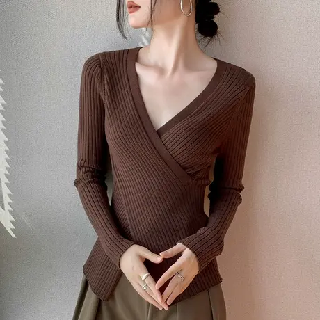 法式小香风V领长袖针织衫女2023秋冬新品交叉设计感小众洋气上衣商品大图