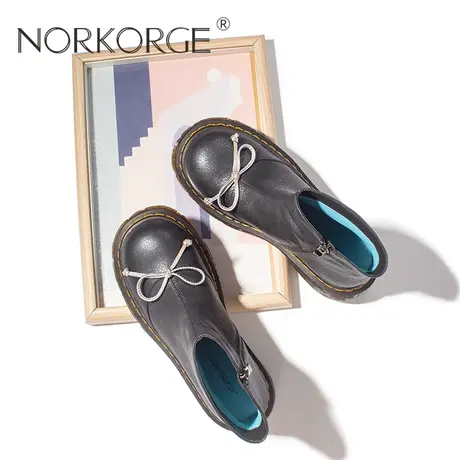 2022新款秋冬复古英伦甜酷黑银色马丁靴侧拉链真皮蝴蝶结小短靴商品大图