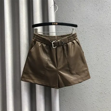 欧货PU皮大口袋休闲靴裤女秋冬新款松紧腰气质百搭外穿阔腿短裤潮商品大图