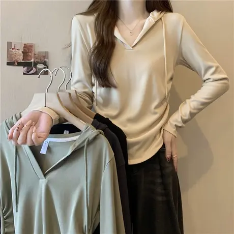 德绒保暖连帽修身小衫女秋冬加绒加厚韩版洋气内搭褶皱长袖T恤潮商品大图