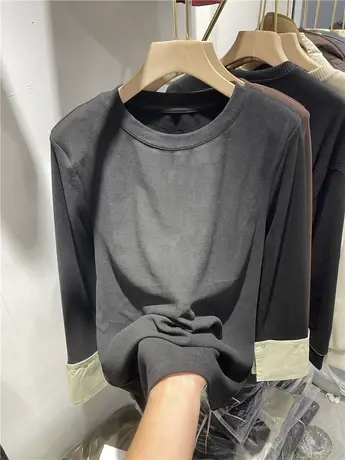 不规则下摆撞色拼接袖口双面德绒T恤女2023秋冬新款洋气垫肩上衣商品大图